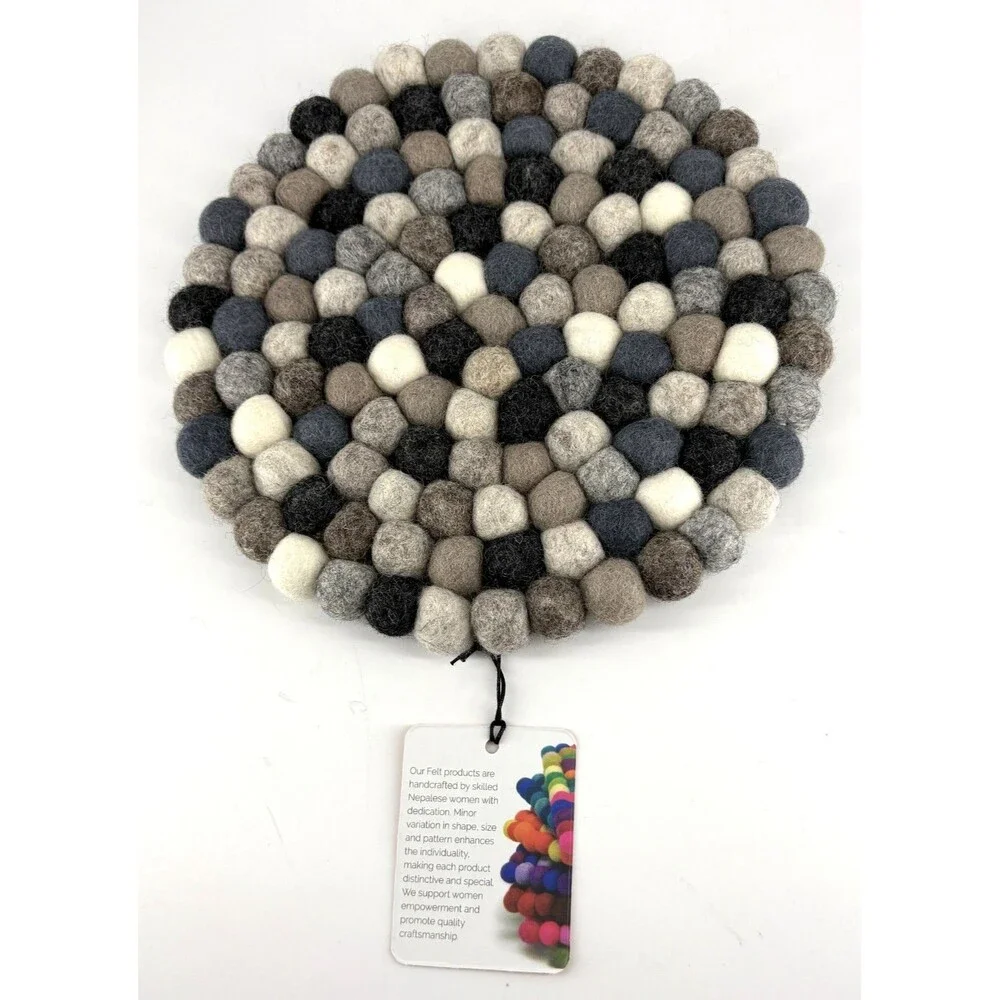 Handmade wool Felt Ball neutral/gray/black round mat, coaster, hot pad - 9